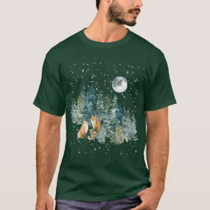 Fox Family Forest Full Moon Snowfall T-Shirt