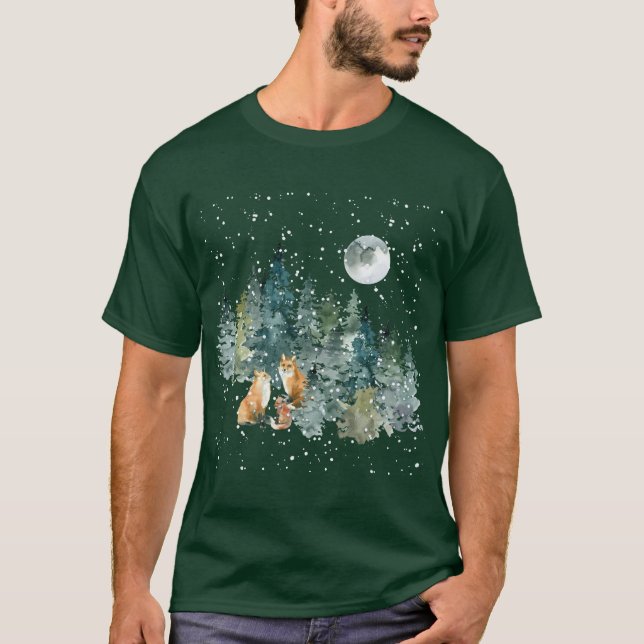 Fox Family Forest Full Moon Snowfall T-Shirt (Front)