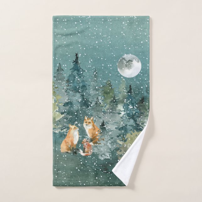 Fox Family in Forest Full Moon Snowfall Bath Towel Set (Hand Towel)