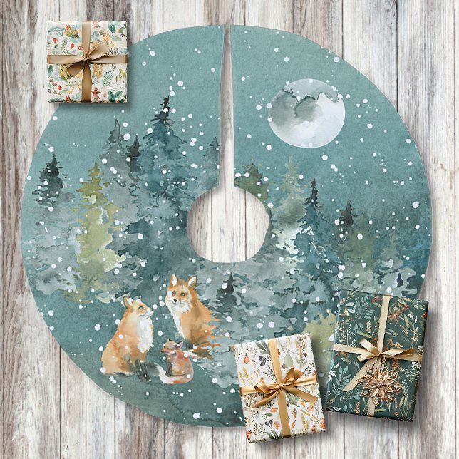 Fox Family in Forest Full Moon Snowfall Brushed Polyester Tree Skirt (Creator Uploaded)