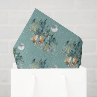 Fox Family in Forest Full Moon Snowfall Christmas Tissue Paper