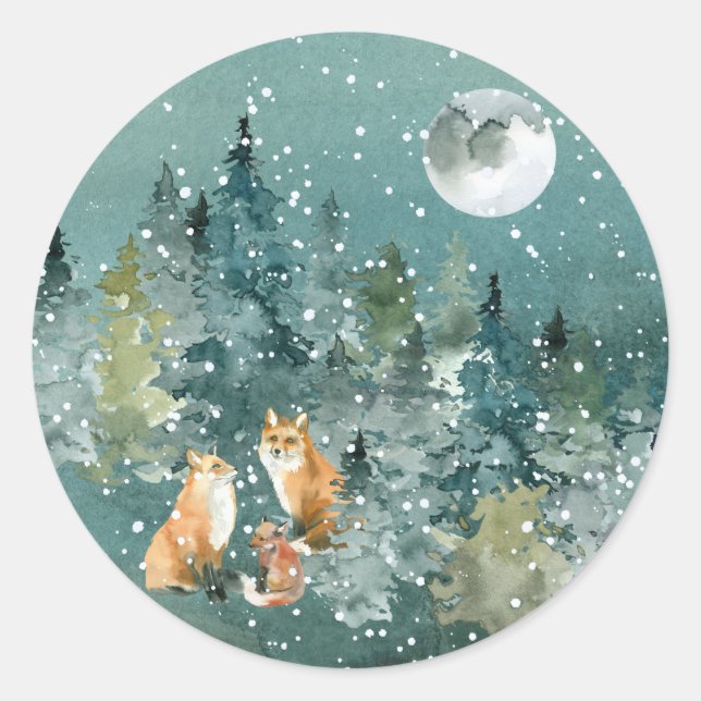 Fox Family in Forest Full Moon Snowfall Classic Round Sticker (Front)
