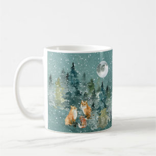 Fox Family in Forest Full Moon Snowfall Coffee Mug