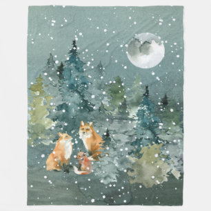 Fox Family in Forest Full Moon Snowfall Fleece Blanket