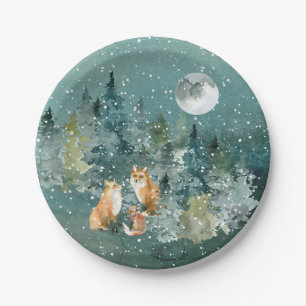 Fox Family in Forest Full Moon Snowfall Holiday Paper Plate