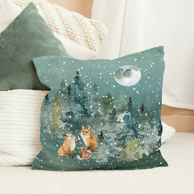 Fox Family in Forest Full Moon Snowfall Throw Pillow (Fox Family in Forest Full Moon Snowfall Christmas Throw Pillow)