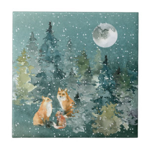Fox Family in Forest Full Moon Snowfall Tile