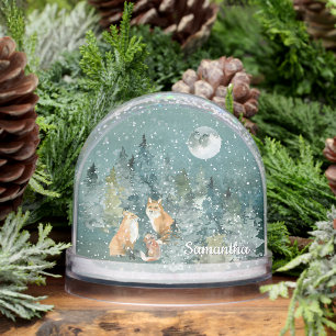 Fox Family in Forest Full Moon Snowfall Watercolor Snowglobe