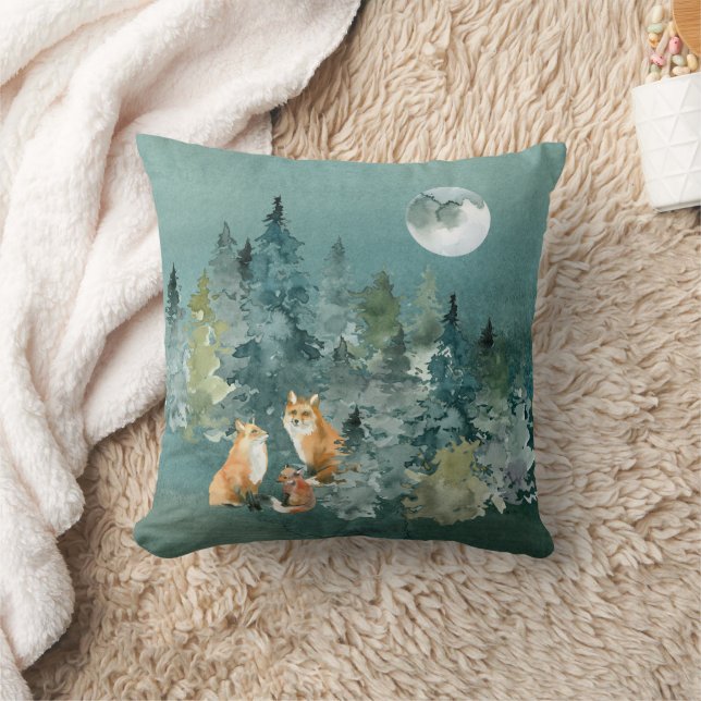 Fox Family in Forest Full Moon Throw Pillow (Blanket)