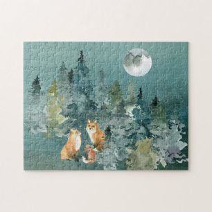 Fox Family in Forest Full Moon Watercolor Jigsaw Puzzle