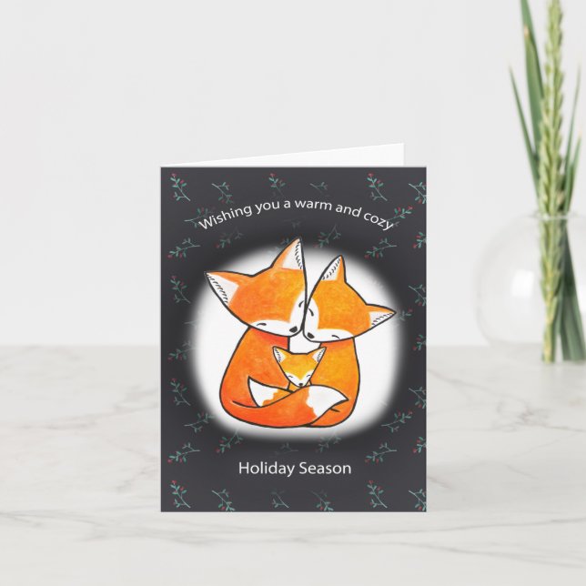 Fox Family of three Warm & Cozy Christmas Holiday Card (Front)