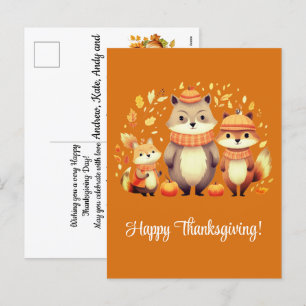 Fox Family Pumpkins Happy Thanksgiving Holiday Postcard