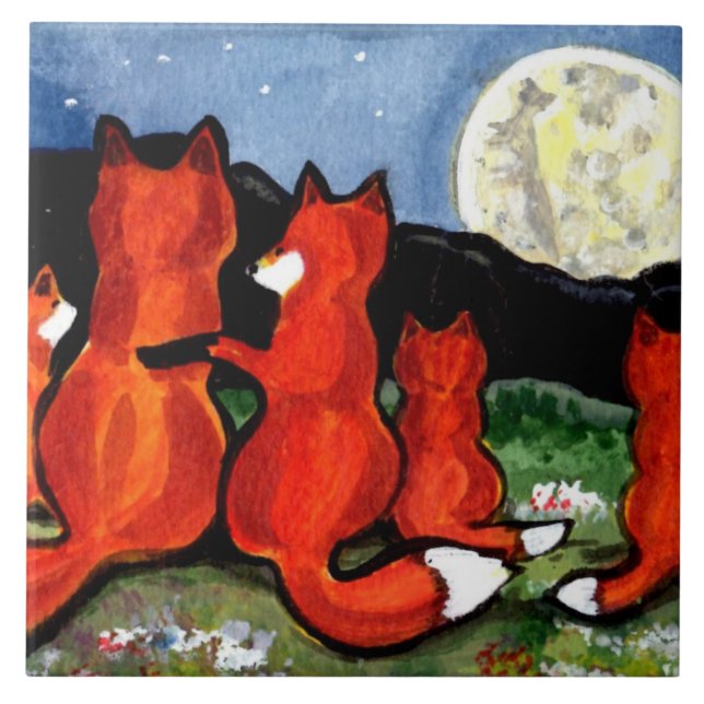 Fox Family Watching Moon Dark Blue 6" Tile Trivet (Front)