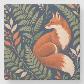 Fox & Fern Rust Fox and Navy Botanical Stone Coaster