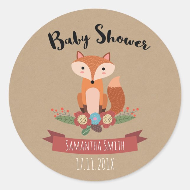 Fox Floral Baby Shower Favor Sticker (Front)