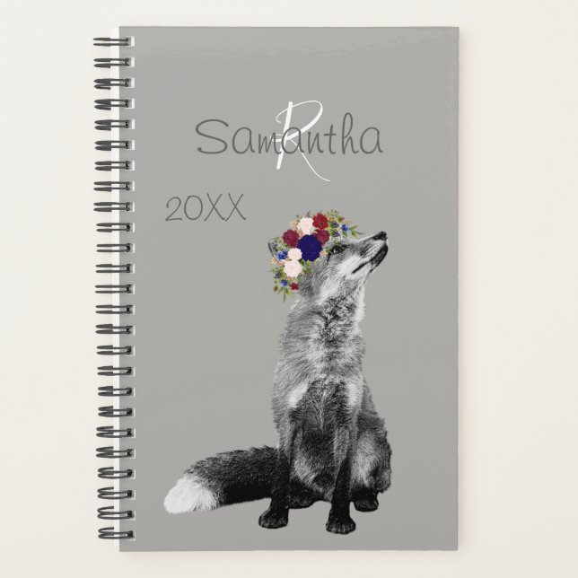 Fox Flower Crown Black White Animal Monogram Planner (Front)