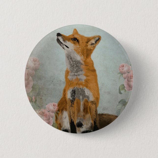 fox, flowers, 2 inch round button (Front)
