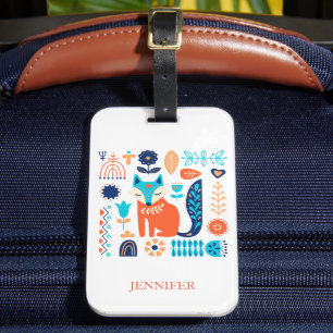 Fox Folk Art Floral Pattern Personalized   Nature Luggage Tag
