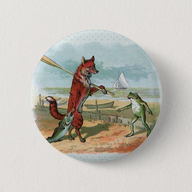 Fox Frog Fishing Antique Illustration 2 Inch Round Button (Front)