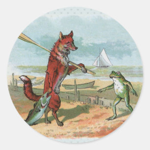Fox Frog Fishing Antique Illustration Classic Round Sticker