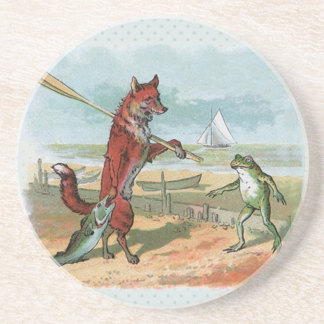 Fox Frog Fishing Antique Illustration Coaster (Front)