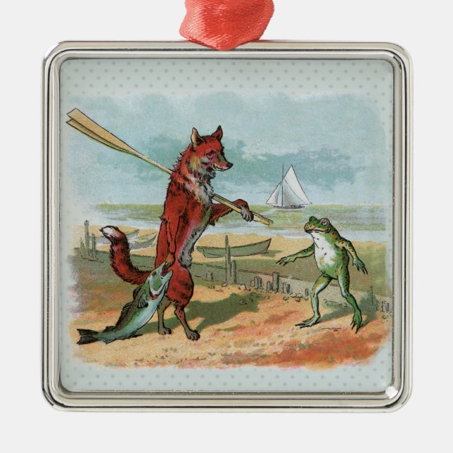 Fox Frog Fishing Antique Illustration Metal Ornament (Front)