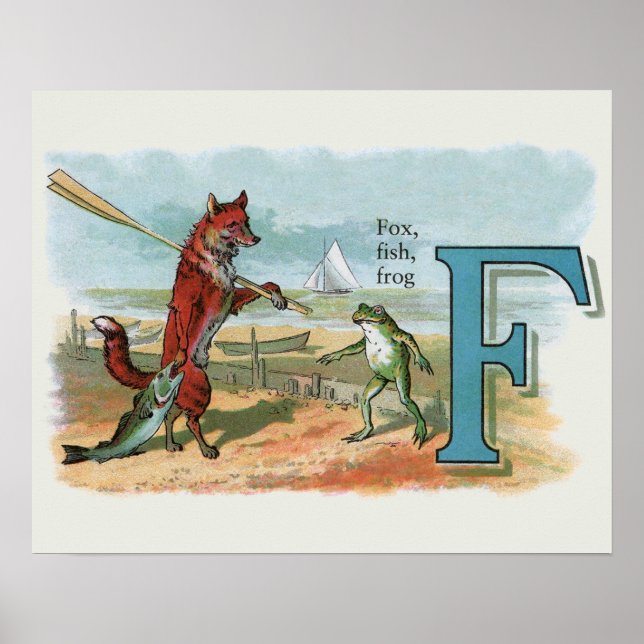 Fox Frog Fishing Antique Illustration Poster (Front)