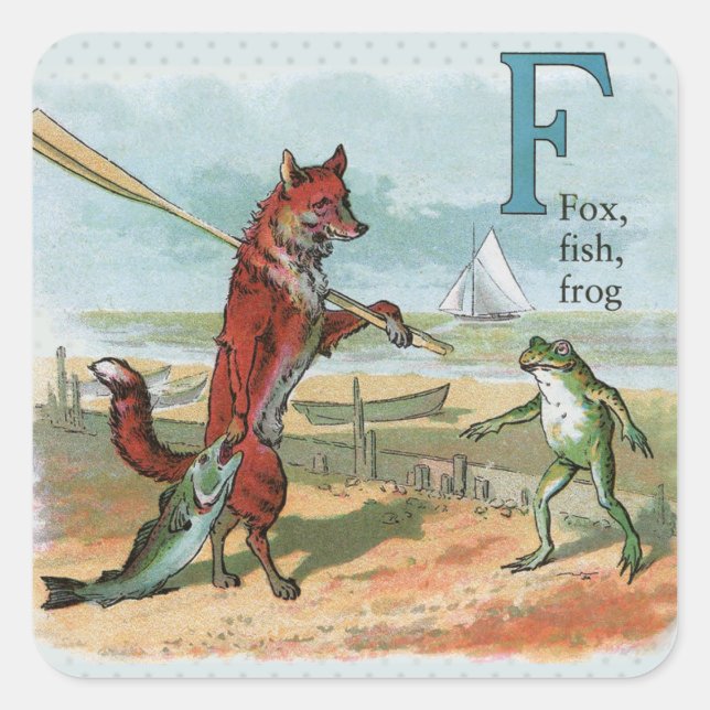 Fox Frog Fishing Antique Illustration Square Sticker (Front)