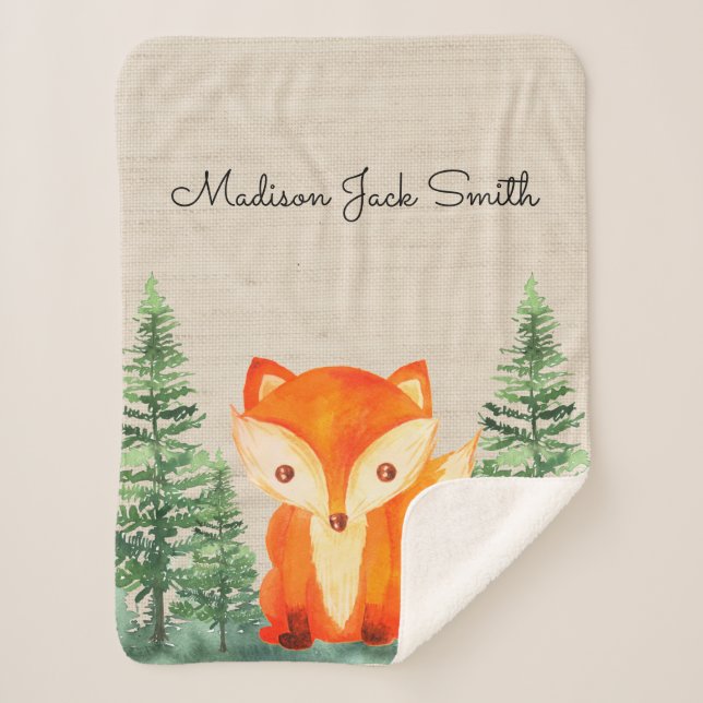 Fox Green Forest Woodland Animal Rustic Sherpa Blanket (Front)