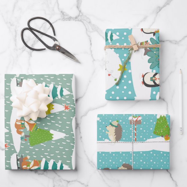 Fox Hedgehog and Penguin Christmas Holiday Pattern Wrapping Paper Sheet (Front)