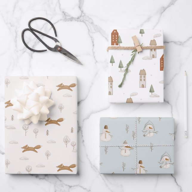 Fox House Snowman Muted Colour Christmas Holiday Wrapping Paper Sheet (Front)