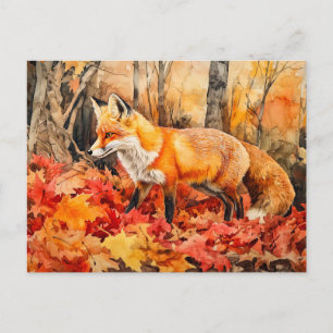 Fox in autumn forest watercolor painting postcard