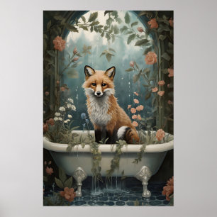 Fox in Bathtub Floral Print, Vintage Bathroom Poster