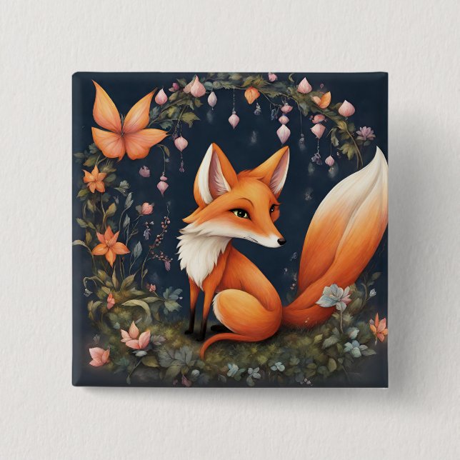 Fox in Bloom 2 Inch Square Button (Front)
