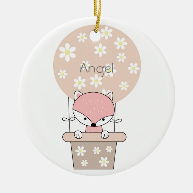 Fox in Hot Air Balloon with Flowers Personalized Ceramic Ornament (Front)