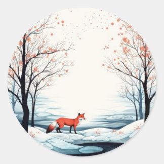 Fox in Snow Round Sticker - Christmas