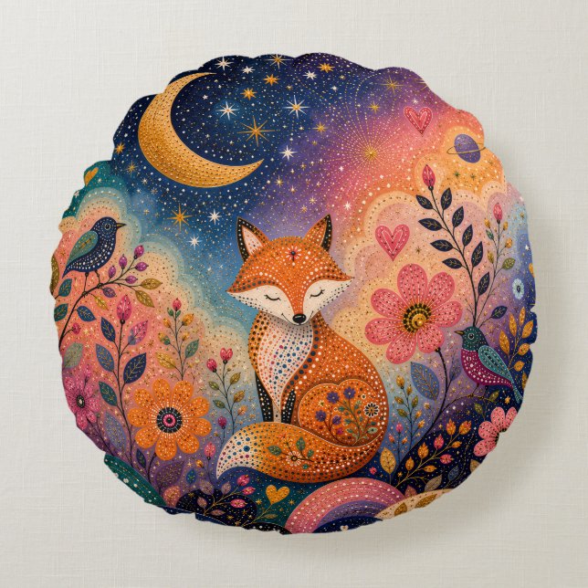 Fox in Starry Garden Round Pillow (Front)