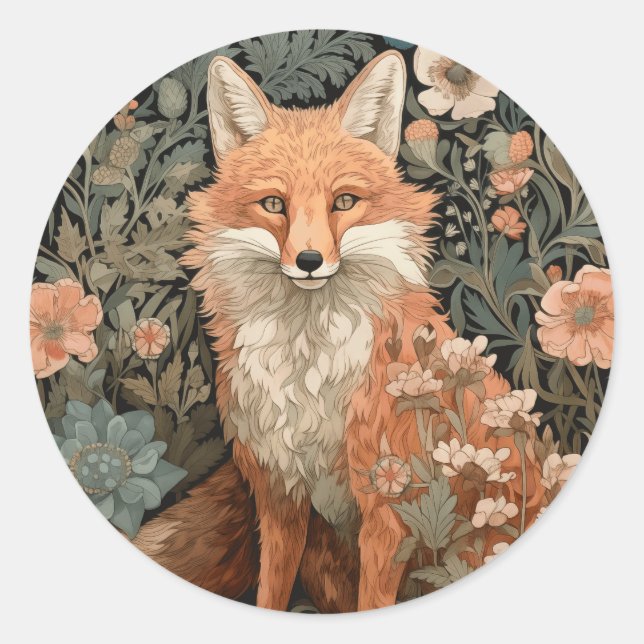 Fox in the Autumn Garden William Morris Style Classic Round Sticker (Front)