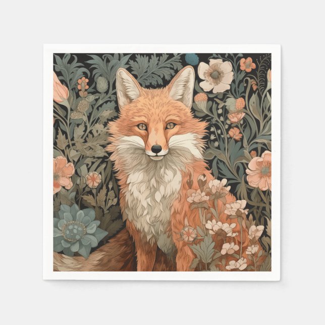 Fox in the Autumn Garden William Morris Style Napkin (Front)