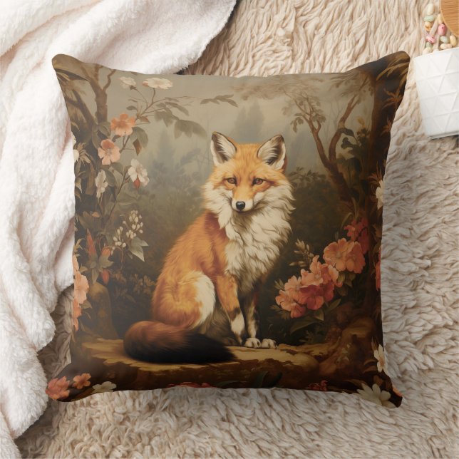 Fox in the forest moody Victorian Throw Pillow (Blanket)
