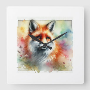 Fox in the Serene Forest 230924AREF126 - Watercolo Square Wall Clock