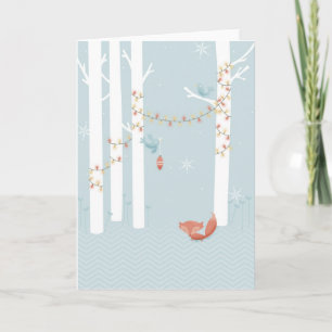 Fox in Winter, Birds with Christmas Lights Holiday Card