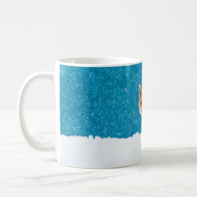 Fox in winter. Red fox, Vulpes vulpes, sniffs abou Coffee Mug (Left)