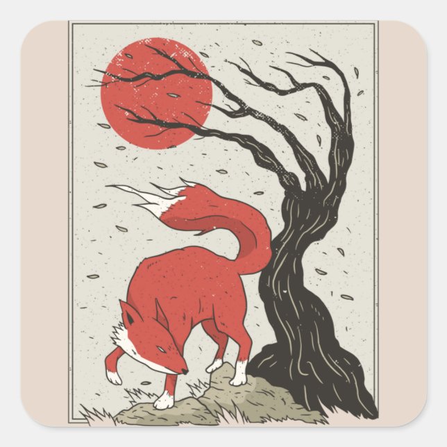 Fox Japanese Art Square Sticker (Front)