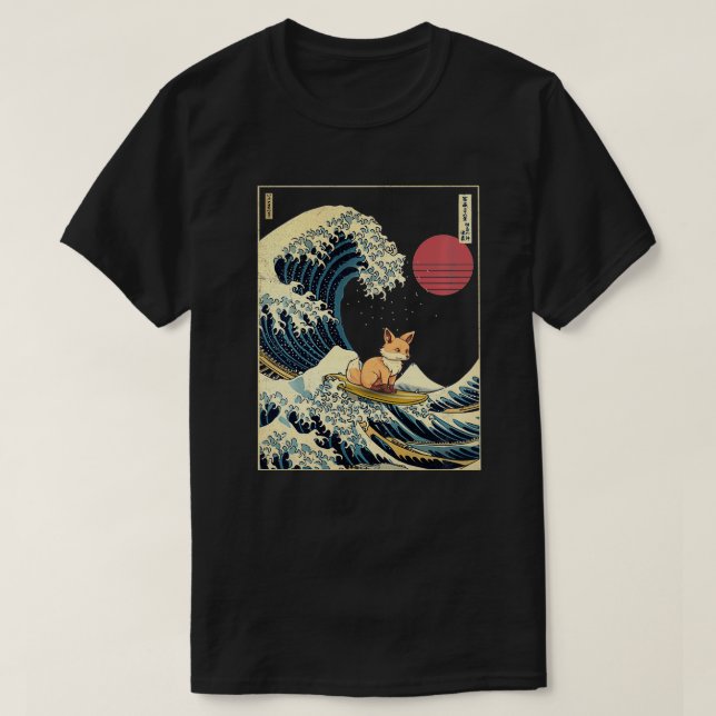 Fox Japanese Kanagawa Wave Funny Surf Animal  T-Shirt (Design Front)