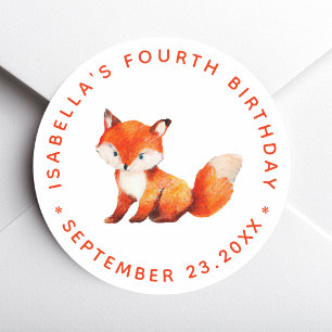 Fox Kid Birthday Party Cute Woodland Watercolor  Classic Round Sticker