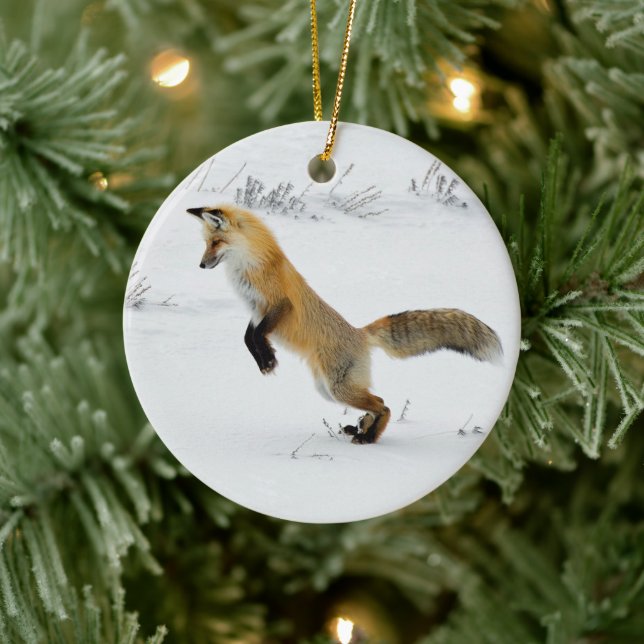 Fox Leaping Snow Photo Ceramic Ornament (Tree)