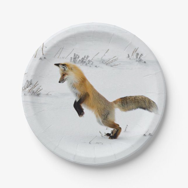 Fox Leaping Snow Photo Paper Plate (Front)