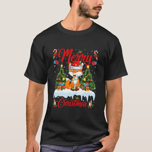 Fox Lover Xmas Lighting Santa Hat Fox Christmas  T-Shirt (Front)