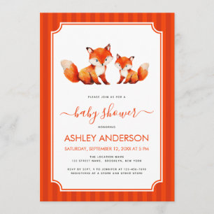 Fox Mama and Baby Shower Watercolor & Red Stripes Invitation